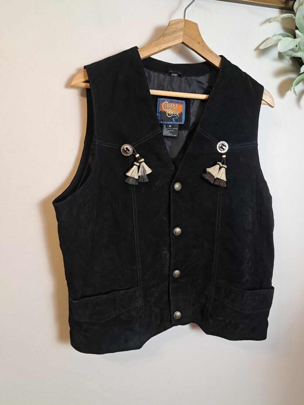 Cripple Creek Women's Leather Tassle Black Vest  Western Sz M